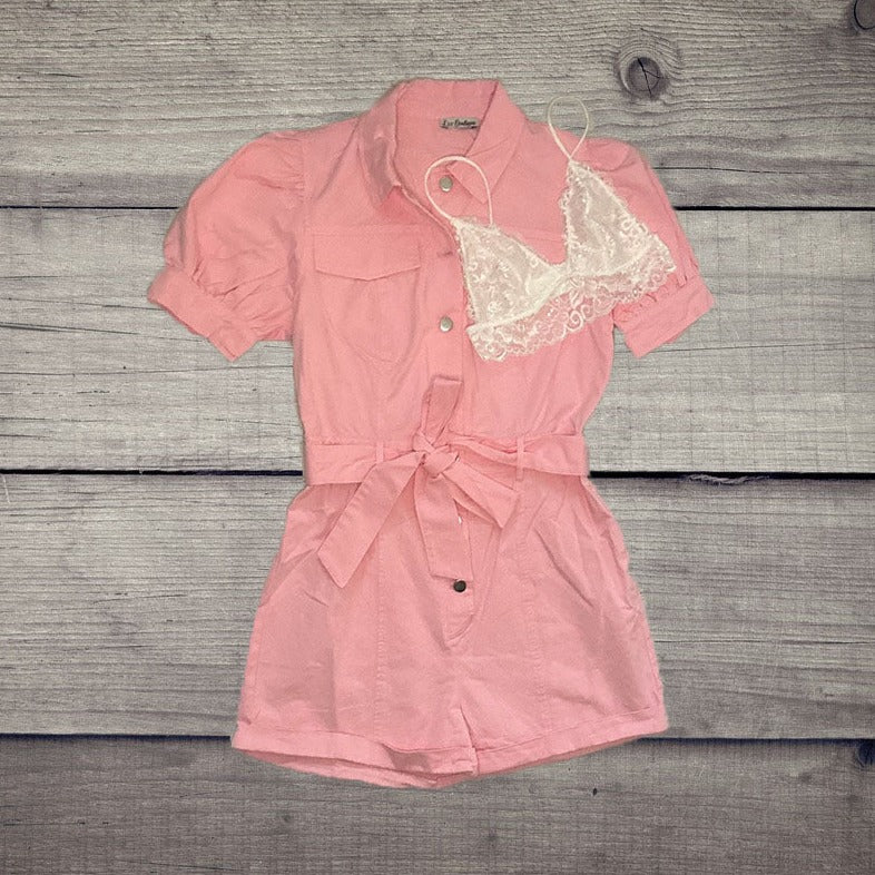 Baby pink denim romper